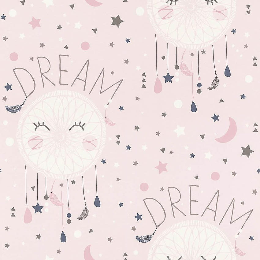 Girls Pink Dream Catcher Stars Moon Typography White Grey Rasch, розова и бяла луна и звезди HD тапет за телефон
