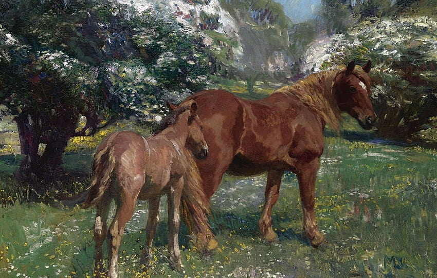 animals, landscape, nature, Horse Mare and new foal in the Spring Meadow, Alfred James Munnings, Alfred James Munnings , section живопись, spring foal HD wallpaper