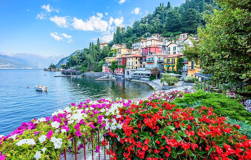 꽃, 호수, 건물, 집, 요트, 이탈리아, 산책로, 코모 호수 HD 월페이퍼