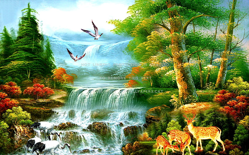 Paradise Waterfalls Painting Forest Deers HD wallpaper