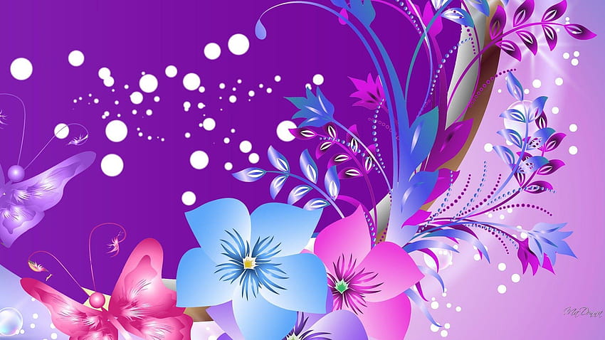 Fleurs: Points roses Papillons violets d'été Fleurs abstraites Fond d'écran HD