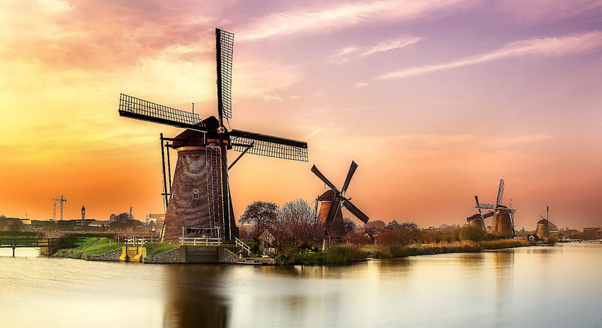refleksi pemandangan kincir angin sungai matahari terbenam, patrick holland Wallpaper HD