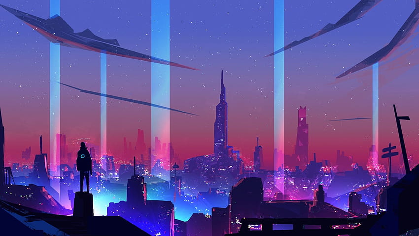 Ciudad futurista de onda de neón, artista, ciudad de neón de anime fondo de pantalla