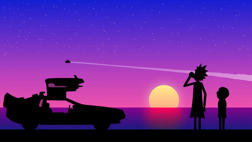 Caricature Rick And Morty Car DeLorean Time Machine Sunset Silhouette, cartoon sunset HD wallpaper