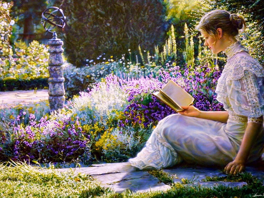 1600x1200 Жена, четяща книга Градина PC и Mac, момиче, четяща книга HD тапет