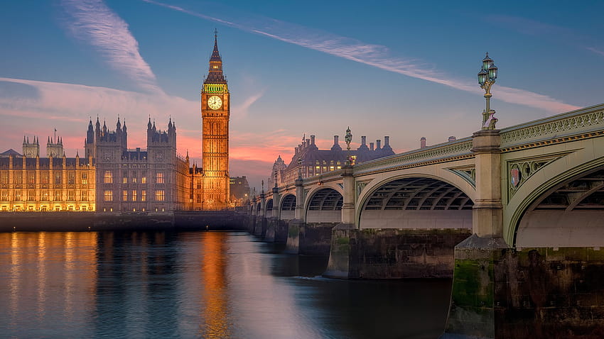 Big Ben et la Tamise au coucher du soleil, Westminster Bridge et Palace, Londres, Angleterre, Royaume-Uni, Big Ben Westminster Bridge Fond d'écran HD