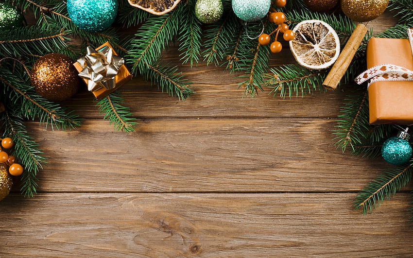 Weihnachten, Holzhintergrund, Baum, Weihnachtsschmuck, frohes neues Jahr, goldene Kugeln mit einer Auflösung von 2880x1800. Hochwertiges, weihnachtliches Holzdekor HD-Hintergrundbild
