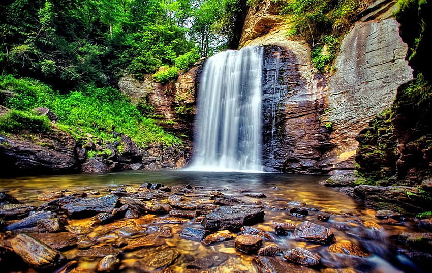 Waterfalls: Nature Pretty Calm Water Rocks Paradise Waterfall Green, forest cascades HD wallpaper