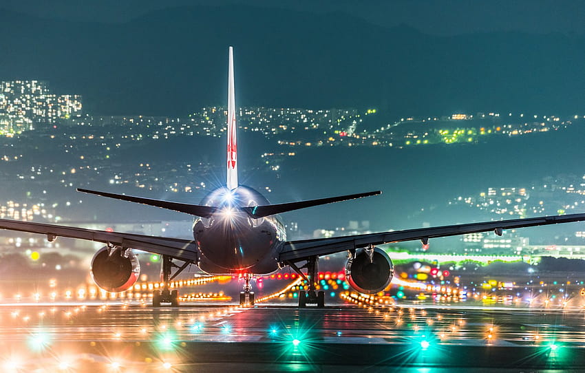 noite, luzes, Japão, aeroporto, o avião, Osaka, seção авиация, Japan Airlines papel de parede HD
