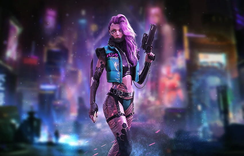 Girl, The City, Robot, Gun, Neon, Girl, cyberpunk pink girl HD wallpaper