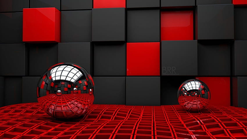 赤い立方体の背景を持つ 2 つの灰色のボール、赤い立方体 高画質の壁紙