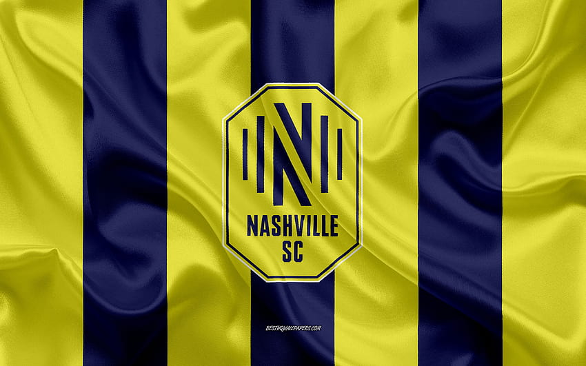 Nowe logo Nashville SC, niebiesko-żółta jedwabna flaga, MLS, nowy emblemat Nashville SC, jedwabna tekstura, MSL, Nashville, Tennessee, USA, Nashville SC z rozdzielczością 3840x2400. Wysoka jakość Tapeta HD