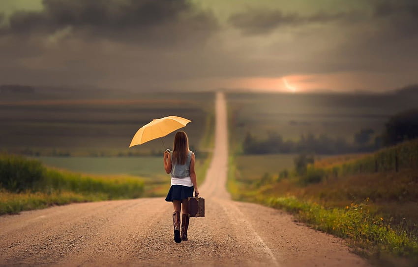 road, girl, the way, umbrella, space, girl, suitcase, care , section ситуации, girl on road HD wallpaper