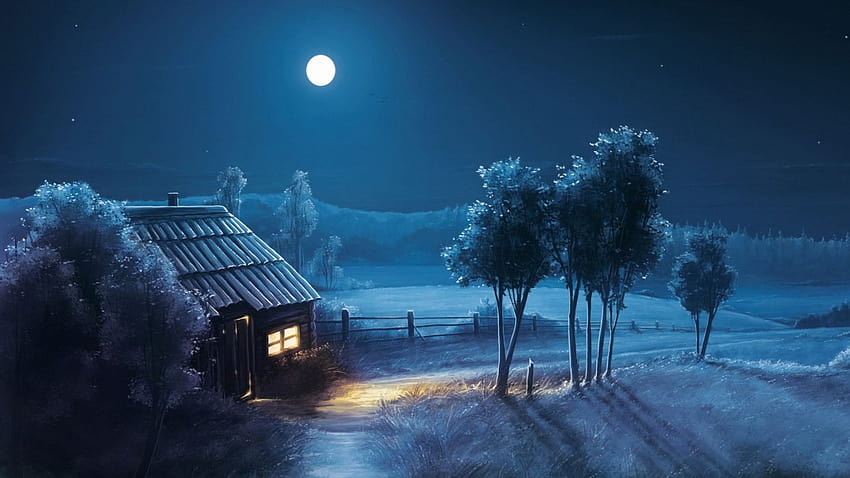 Art work painting nature night house moon HD wallpaper