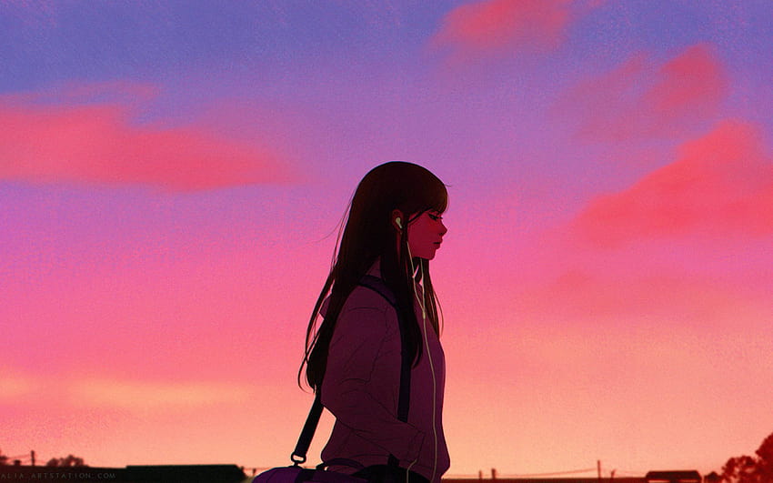 Anime Girl Listening to Music, anime girl purple sunset HD wallpaper