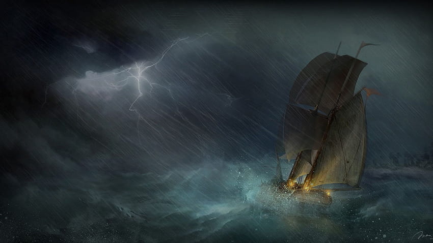 1920x1080 lightning, sailboat, ship, storm, sea, art, sailboat artwork HD wallpaper