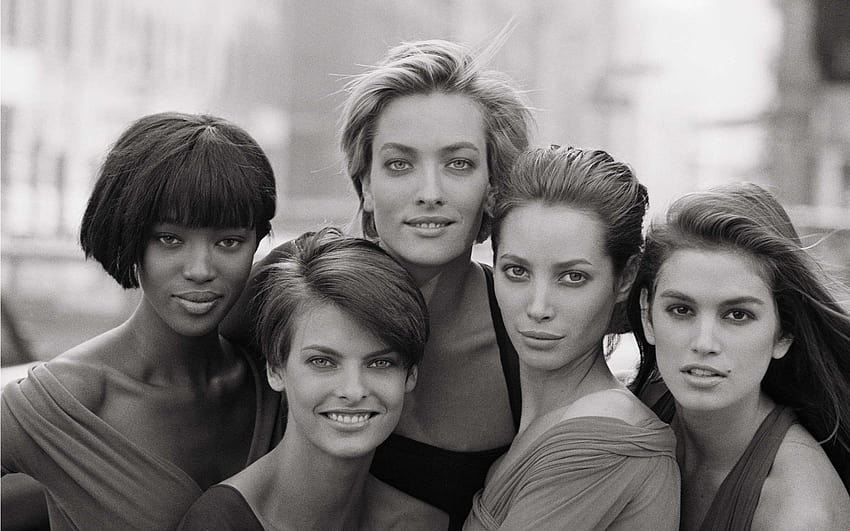 Women vintage models grayscale Naomi Campbell Cindy Crawford Christy Turlington Linda Evangelista models HD wallpaper