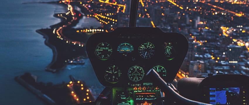 2560x1080 control panel, helicopter, pilot, night city, glare dual wide backgrounds HD wallpaper