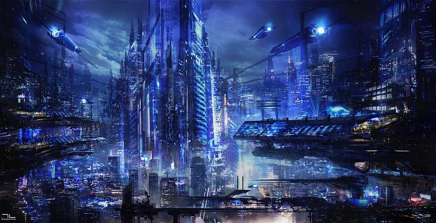 Fantasy Art เมืองแห่งการขนส่งในอนาคต สีฟ้า มหัศจรรย์ วอลล์เปเปอร์ HD