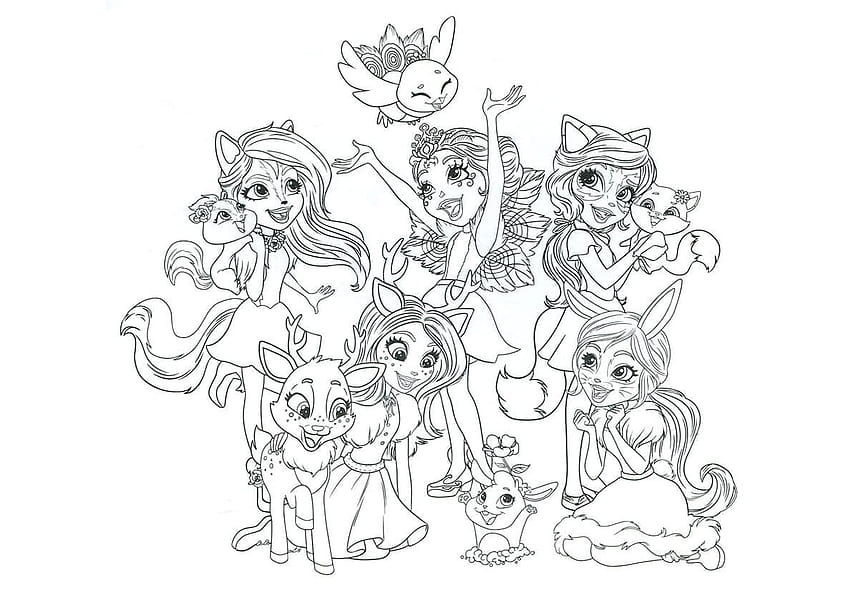 Coloring Page Enchantimals. Magical girls and their pets HD wallpaper
