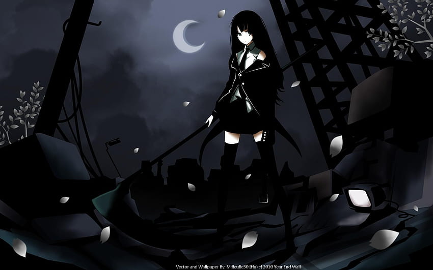 noite, Black Rock Shooter, escuro, preto, foice, lua, cinza, anime black girls night papel de parede HD