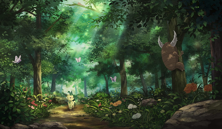 leafeon, butter, weedle, and pinsir, pokemon forest HD wallpaper