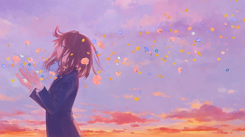 2560x1024 Anime Kız Okul Üniforması Çiçekler Bulutlar, anime kız mutlu HD duvar kağıdı