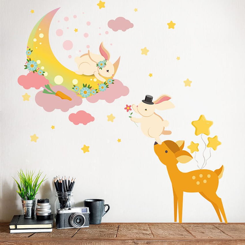 Fawn Moon Bunny Cartoon Bedroom Decorative Wall Sticker Children's Room Kindergarten Wall Decal for Kids Home Decor HD phone wallpaper