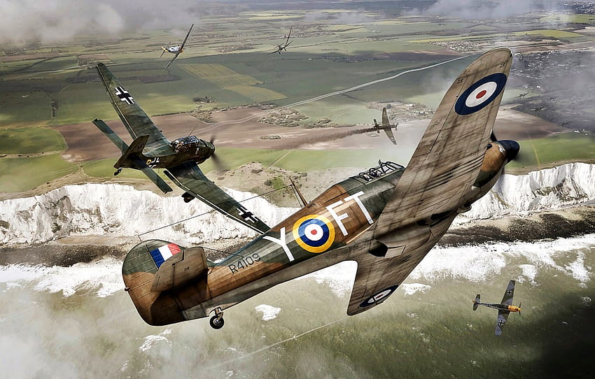 Bitwa o Anglię, 1940, Bf.109E, II wojna światowa, Hawker Hurricane Mk.I, Białe klify Dover, Ju.87B, 43 Sqn RAF, sekcja lotnicza Tapeta HD