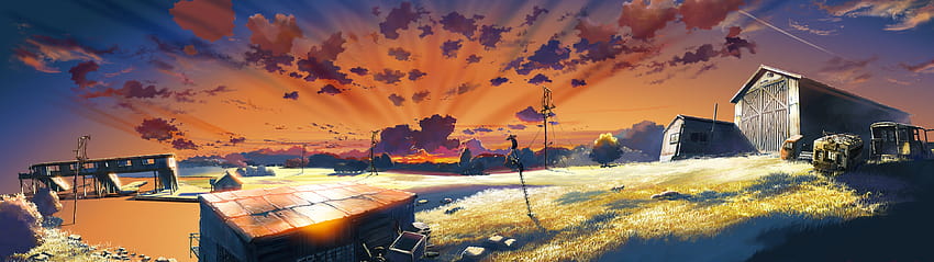 : 햇빛, 일몰, 도시 풍경, 애니메이션, 하늘, 저녁, 파노라마, 황혼, 우리의 초기 시대에 약속된 장소, 스크린 샷, 컴퓨터 , 지구의 분위기 3840x1080, 애니메이션 파노라마 HD 월페이퍼