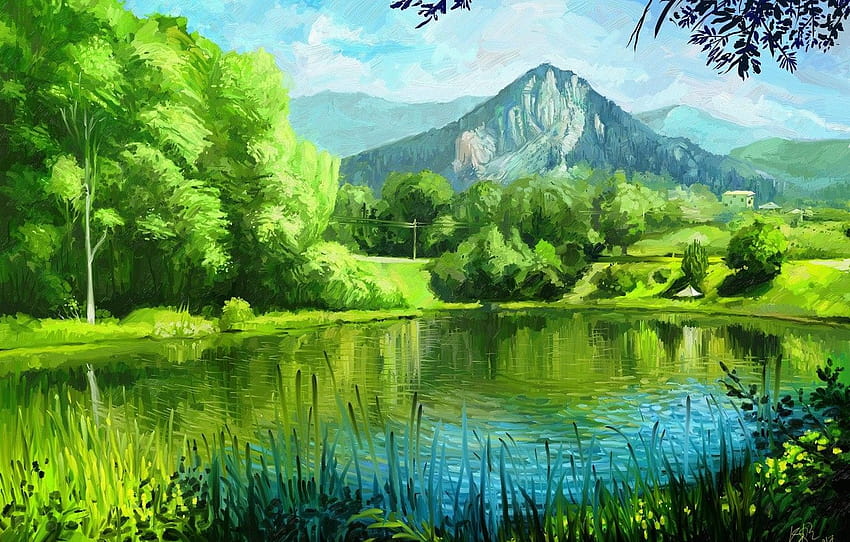 été, herbe, arbres, montagnes, nature, lac, art, peinture, vert, section живопись, peinture été Fond d'écran HD