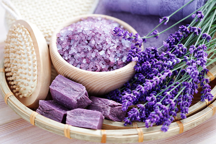 Lavender Bath Salts And Soap Massage Brush Relaxing HD wallpaper