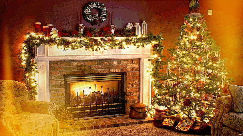 크리스마스, 휴일, 벽난로, 인테리어, 집에 오신 것을 환영합니다, 크리스마스 홈 HD 월페이퍼