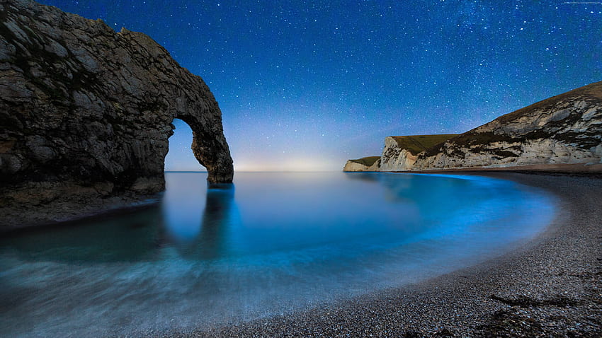 Durdle Door, praia, noite, estrelas, mar, Inglaterra, Viagens papel de parede HD