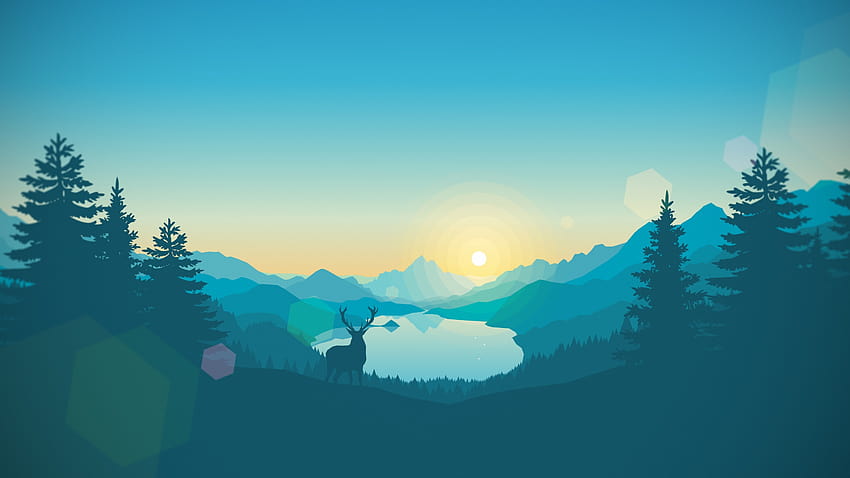 3200x1800 Flat Landscape, Minimalism, Deer, Lake, Mountains, Digital Art, flat art HD wallpaper