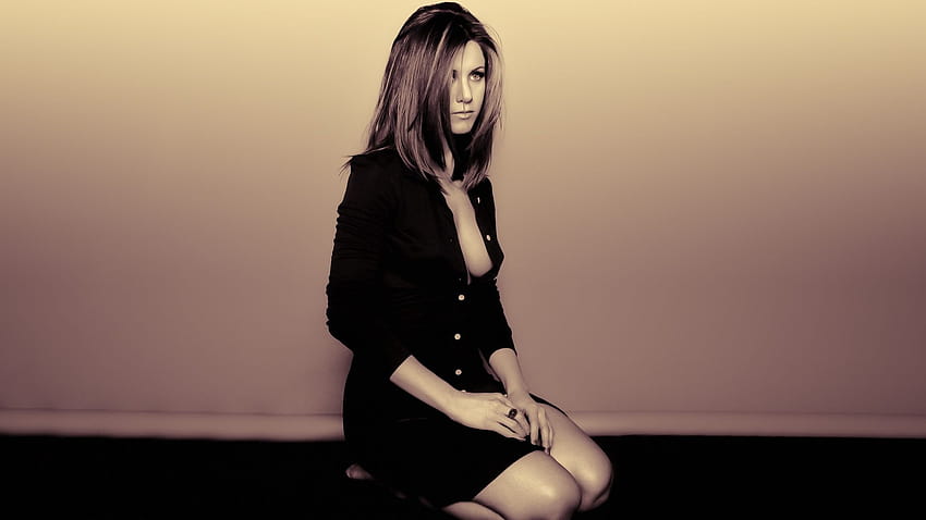 : actress, simple background, cleavage, women indoors, kneeling, Jennifer Aniston, sideboob, sepia 1920x1080 HD wallpaper
