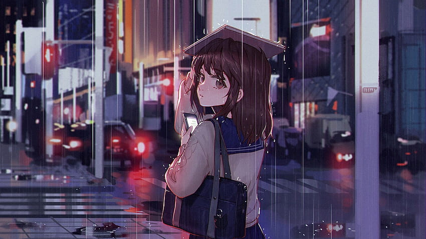 1920x1080 Anime Girl, Raining, Smartphone, Urban, Street, Rambut Cokelat untuk Layar Lebar, gadis kartun rambut cokelat Wallpaper HD
