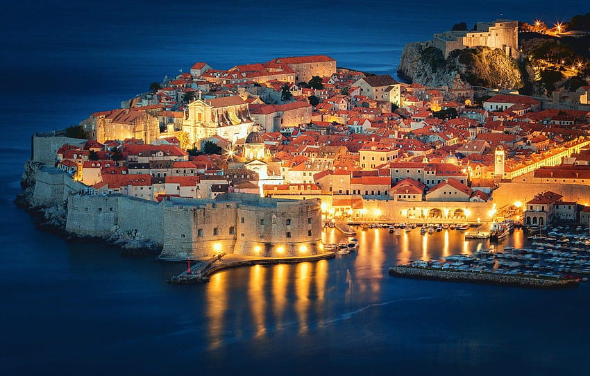 sea, building, home, fortress, night city, Croatia, dubrovnik croatia HD wallpaper