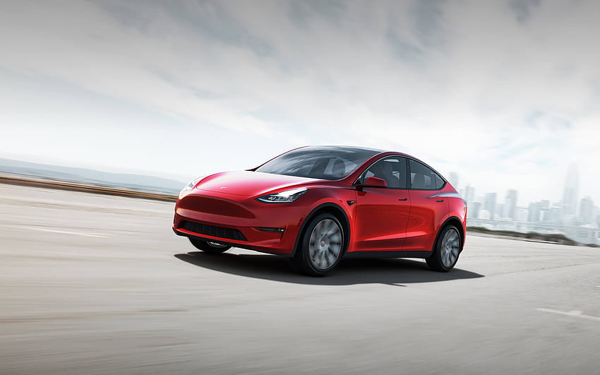 Tesla Model Y, 2021, exterior, front view, electric crossover, new red Model Y, electric cars, Tesla with resolution 2880x1800. High Quality, tesla y HD wallpaper