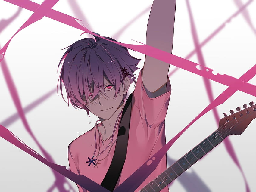 2048x1536 Anime Boy, Guitar, Instrument, Music, Pink Eyes, anime music boy HD wallpaper