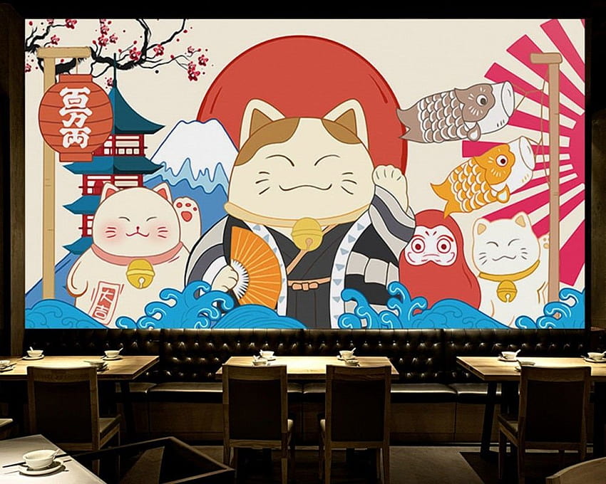 Jepang Tangan Dicat Jepang Beruntung Kucing Ukiyo E Restoran Restoran Sushi Perkakas Dinding Kustom 3D Mural Wallpaper HD