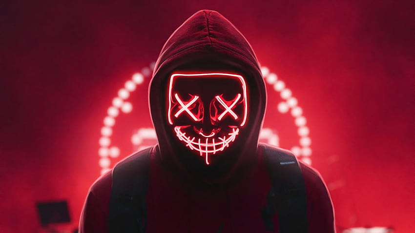 : Red Neon Mask, art numérique, LED, rouge, néon, masque, yeux effrayants, hop, lumières, sans visage, hottes, illustration, montage 2560x1440, masque rouge Fond d'écran HD