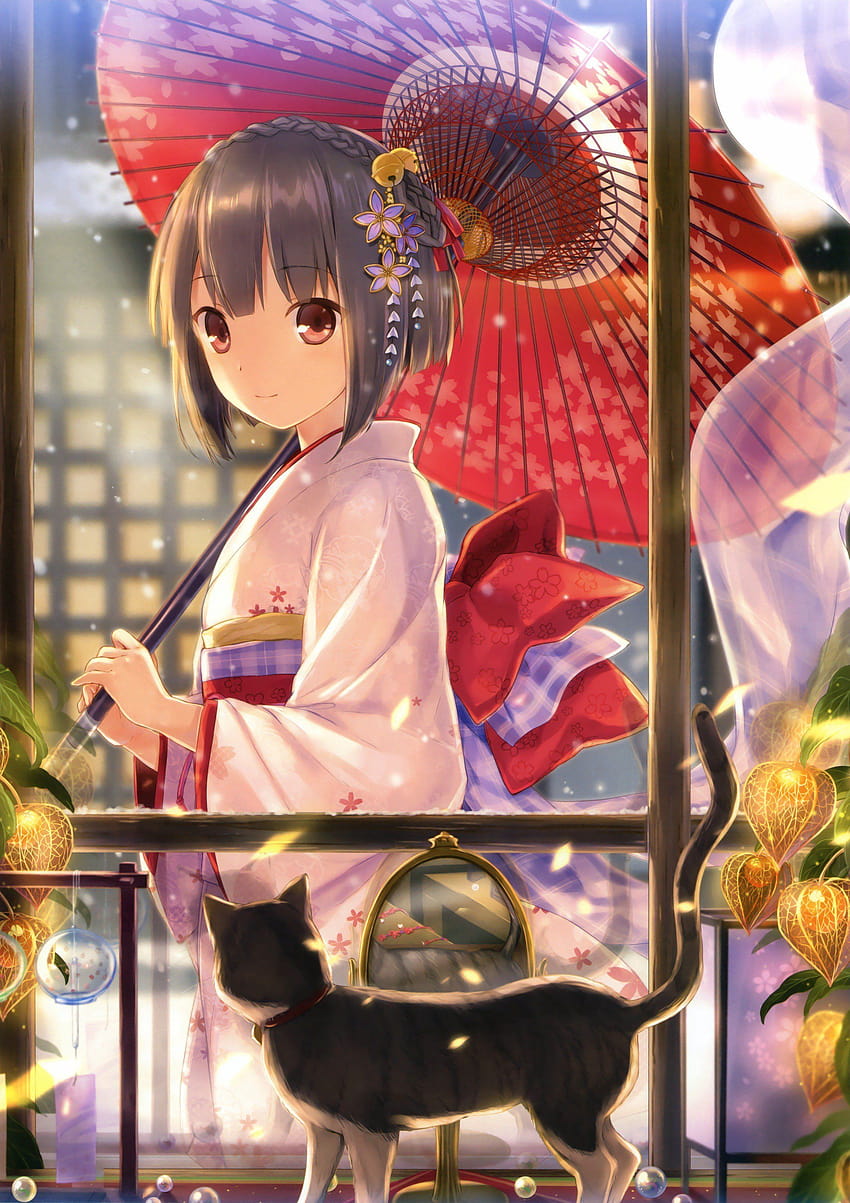 cat, Kimono, Traditional, Clothing, Anime, Girls, Original, traditional girls HD phone wallpaper