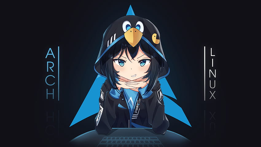 Anime Anime Girls Tecnologia Software Arch Linux Fundos escuros Pele branca Olhos azuis Fan Art, arch anime girl papel de parede HD