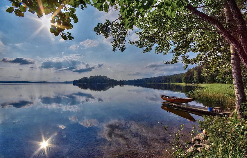 夏、湖、フィンランド、カリ湖、セクション природа、夏の湖の反射 高画質の壁紙
