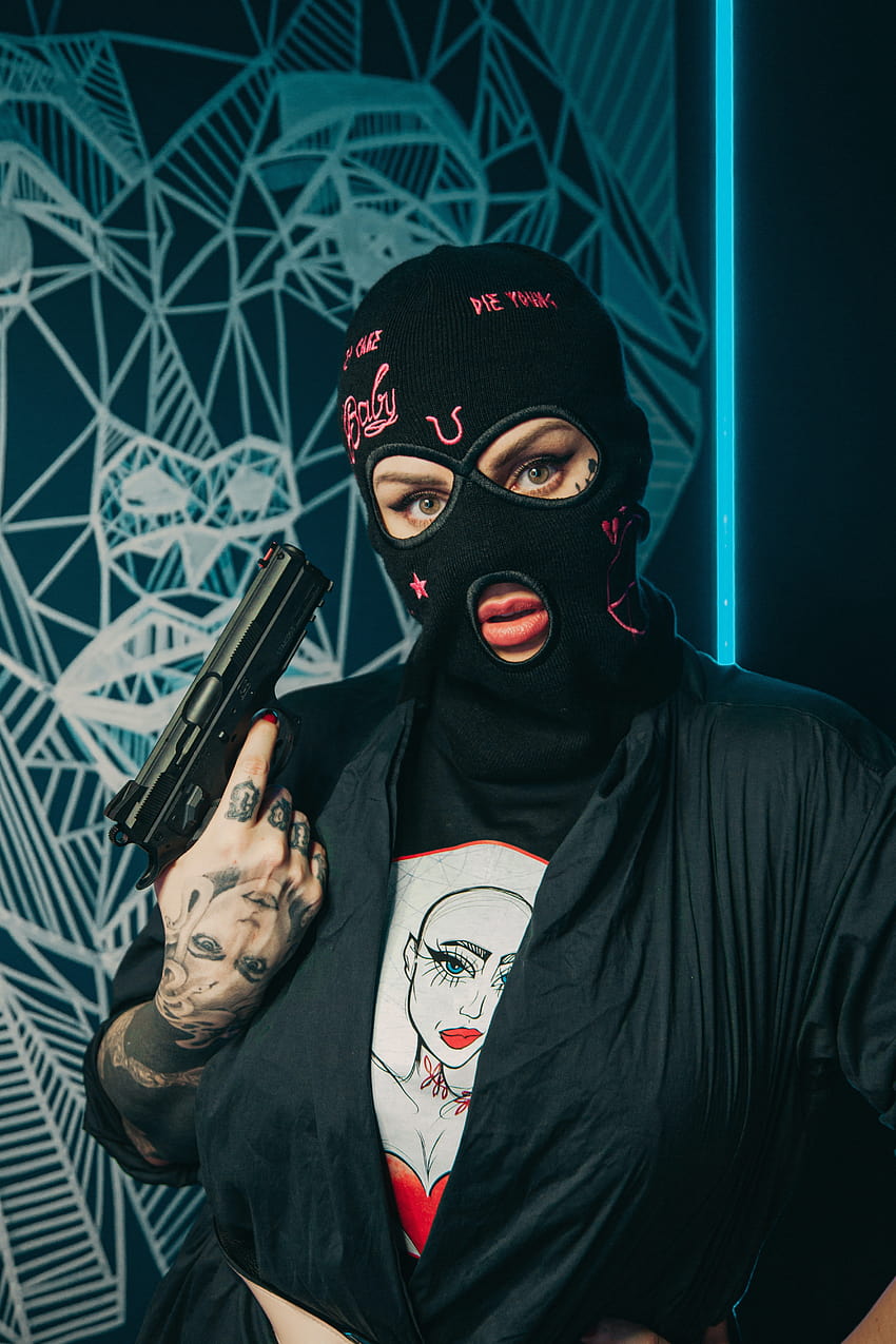 Lady burglar in mask with gun and tattoos · Stock HD phone wallpaper