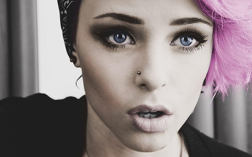 women, Blue Eyes, Pink Hair, Piercing, Lips, Closeup HD wallpaper