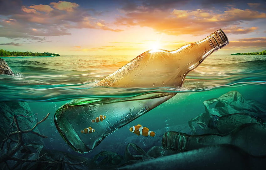 海、魚、ゴミ、海、ボトル、汚染、水質汚染 高画質の壁紙