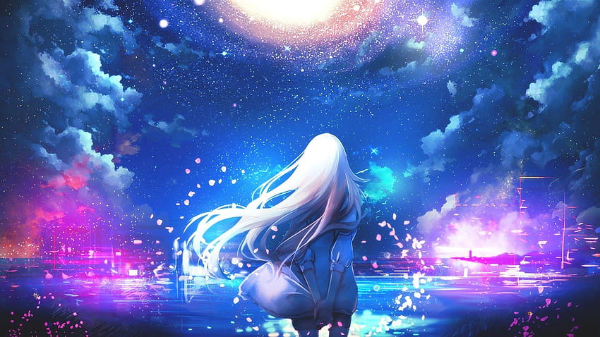 Anime, rambut putih, gadis anime, langit malam, bintang, warna-warni, malam gadis hitam anime Wallpaper HD
