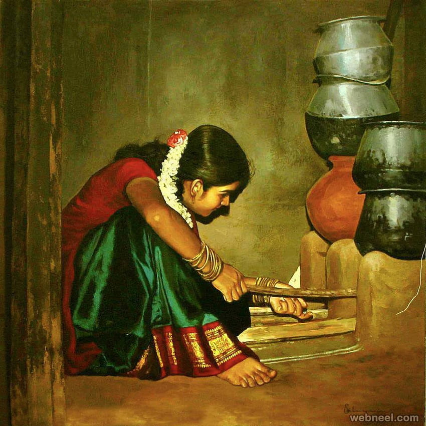25 bellissimi dipinti di donne indiane rurali dell'artista tamilnadu ilayaraja, pittrice femminile Sfondo del telefono HD